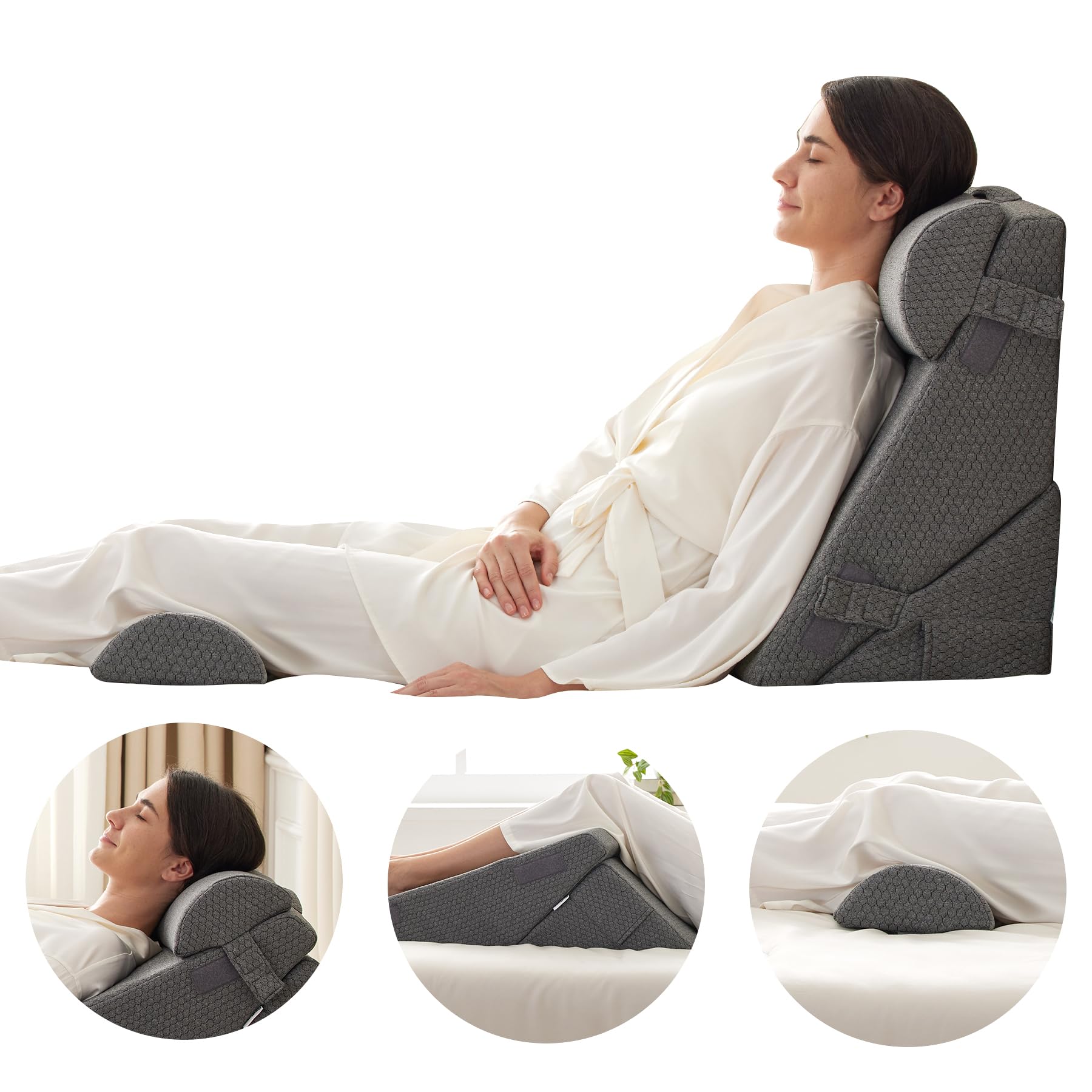 Bedluxe Wedge Pillow Headboard, 3PCS Orthopedic Bed Wedge Pillows Set for After Surgery, Adjustable Pillow Wedge for Acid Reflux&Back Pain Relief, Sleeping, Back Pillow for Bed Sitting Up, White/Grey Dormly
