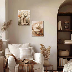 Floral Cowgirl Boots Canvas Wall Art Set of 2, Cowboy Hat with Flower Wall Decor Paintings, Trendy Preppy Western Aesthetic Prints Pictures, for Girls Bedroom Living Room Dorm 16x24 inch Framed