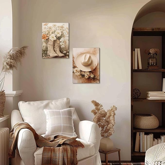 Floral Cowgirl Boots Canvas Wall Art Set of 2, Cowboy Hat with Flower Wall Decor Paintings, Trendy Preppy Western Aesthetic Prints Pictures, for Girls Bedroom Living Room Dorm 16x24 inch Framed