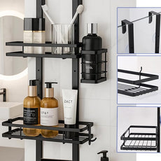 Over the Door Shower Caddy Hanging, Rustproof Shower Shelves with Waterproof Phone Pouch, 3-Tier Adjustable Bathroom Organizers and Storage, No Drilling Shower Shelf, Black Shampoo Soap Holder