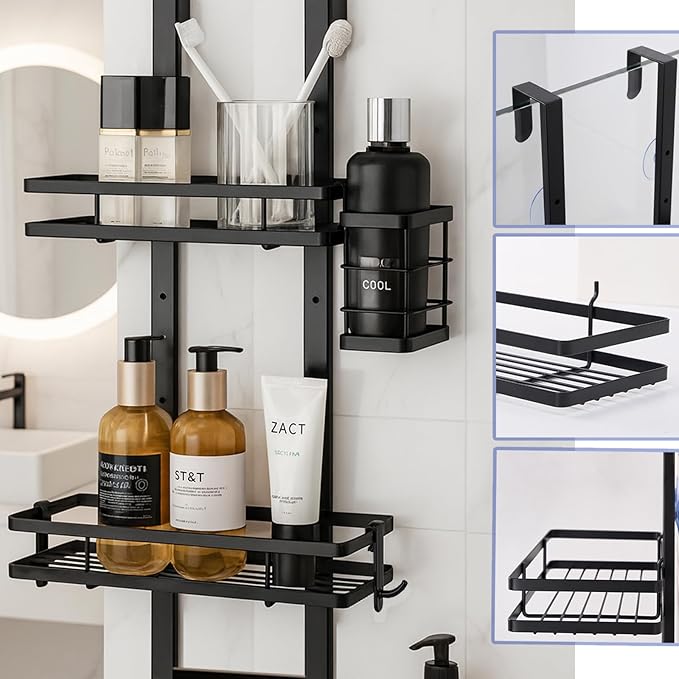 Over the Door Shower Caddy Hanging, Rustproof Shower Shelves with Waterproof Phone Pouch, 3-Tier Adjustable Bathroom Organizers and Storage, No Drilling Shower Shelf, Black Shampoo Soap Holder