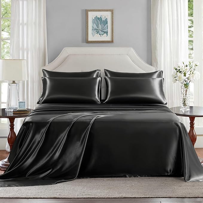 Satin Sheets Full Size - 6 Pieces Luxury Silky Soft Bed Sheets, Wrinkle-Free Black Satin Silk Sheet Set with 1 Deep Pocket Fitted Sheet, 1 Flat Sheet, 4 Pillow Cases