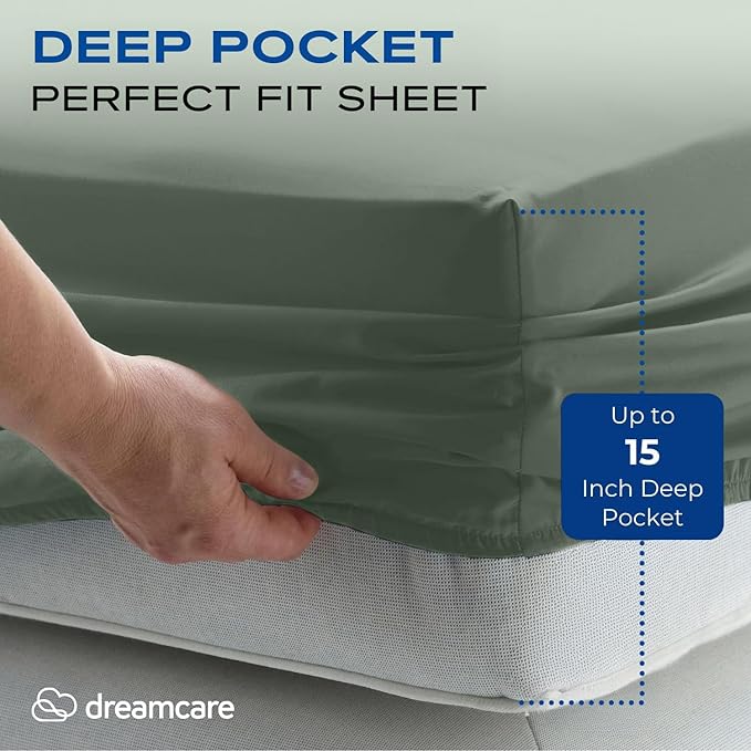 DREAMCARE Full Size Sheets Set - 4 Pcs Cooling Bed Sheets with Up to 15" Deep Pockets - Soft, Long-Lasting 100% Brushed Polyester with Side Pocket (Sage Green) DREAMCARE