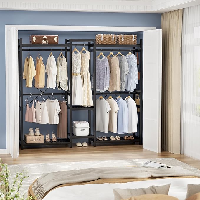 Homykic Bamboo Closet System Clothes Rack, Large Freestanding Garment Rack Clothing Rack for Hanging Clothes with 7 Storage Shelves and 5 Rods, Open Wardrobe Organizer with 4 Hooks, Black