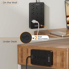 Surge Protector Power Strip - 11 Outlets(1850W/15A) with 6 USB Ports(2 USB C), 6FT Flat Plug Extension Cord, Wall Mount, Black, ETL Listed for Home, Dorm Room