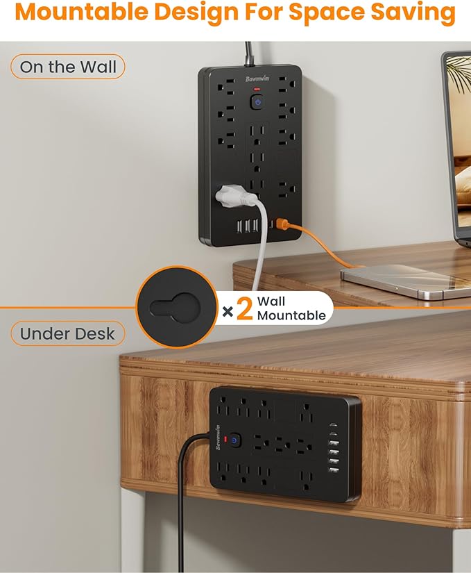 Surge Protector Power Strip - 11 Outlets(1850W/15A) with 6 USB Ports(2 USB C), 6FT Flat Plug Extension Cord, Wall Mount, Black, ETL Listed for Home, Dorm Room