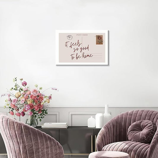 Retro Postcard Posters Neutral Feels So Good To Be Home Wall Art Trendy Pink Girly Room Decor Funky Quotes Canvas Prints Modern Stamp Sign Aesthetic for College Dorm Apartment Bedroom 12x16in Framed