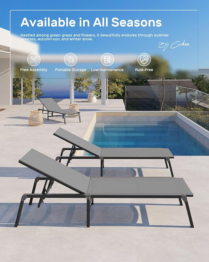 Patio Chaise Lounge Chair Set of 4, Foldable Lounge Chair for Outside, Aluminum Chairs with 5 Adjustable Backrest, Outdoor Pool Lounger for Poolside, Patio, Deck, Grey