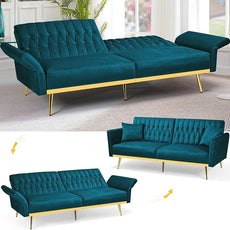 70” Velvet Futon Sofa Bed w/Adjustable Armrests and Backrest, Convertible Futon Couch w/2 Pillows, Modern Sleeper Bed for Living Room, Bedroom, Teal