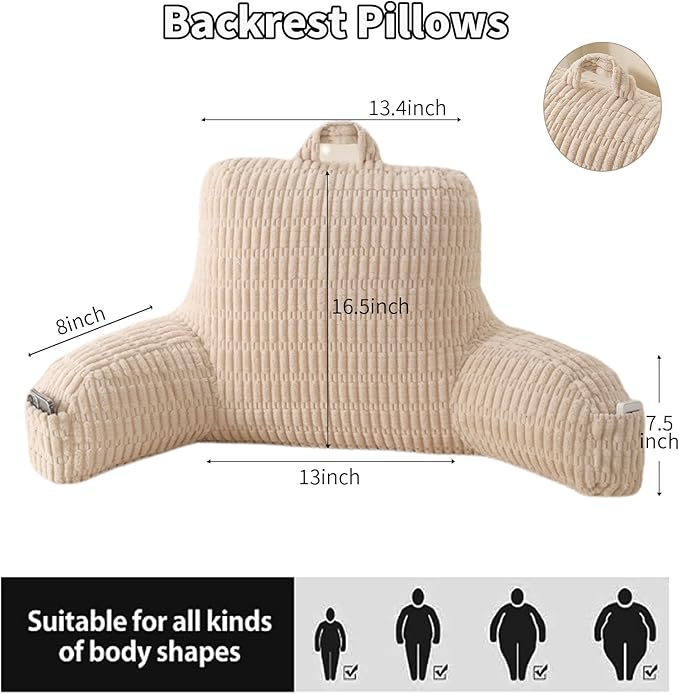 Reading Pillow for Sitting in Bed, Large Backrest Reading Pillow with Arm Rest,Back-Rest Support Cushion for Sit Up on Couch, Sofa, and Floor, Dorm Essentials (Cream Corduroy, Standard(17"))