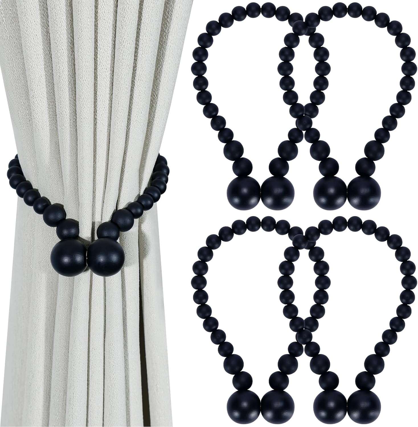 KLOGTSIND Magnetic Curtain Tiebacks, Curtain Tie Backs for Curtains 4 Pack, Wood Bead Curtain Tiebacks, Curtain Holders for Boho Bedroom Decor, Baby Nursery Decor, Farmhouse Decor Dormly