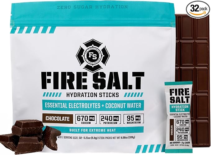 Fire Science Fire Salt Hydration Sticks, Electrolytes & Coconut Water, Hydration Drink Mix with Magnesium, Potassium & Sodium, Zero Sugar, Single Serve On The Go Packs, Chocolate Flavor, 32 Count