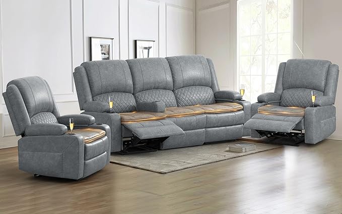 3 Seater Recliner Sofa Set with 2-Tier Cushion, 3+1+1 Pieces in Living Room, 3 Seater Reclining Couch Leather with Removable Console, 2 Oversize Recliner Chair Sofa Seat