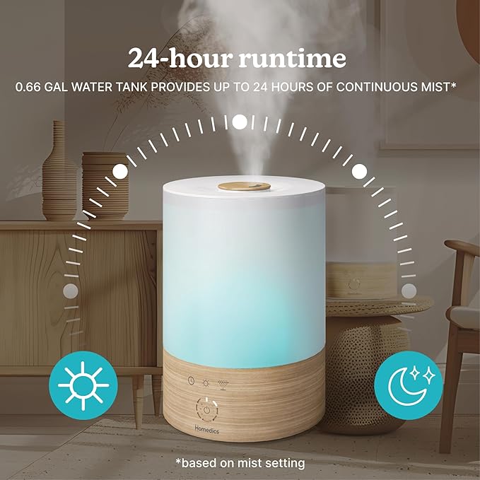 Homedics Cool Mist Ultrasonic Humidifier, 8-Colors Night Light, 0.66 Gal Top-Fill Tank, 24Hr Runtime, 3 Mist Settings, 360° Mist for 329 sq ft Rooms, Aromatherapy, Clean Tank Tech, Auto Shutoff