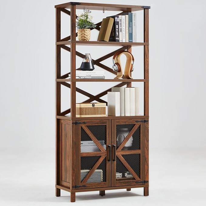 5 Tier Bookshelf 70" Tall Bookcase with Barn Doors,Large Farmhouse Display Book Shelf with Adjustable Shelves and Storage Cabinet,Wood Bookshelves for Living Room,Kitchen,Brown(2PCS)