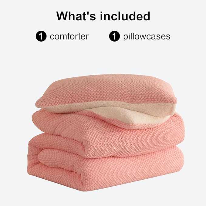 3D Jacquard Design Comforter Set, Ultra-Soft Warm Twin Size Sherpa Fur Plush 2-Pieces Sets Luxury Cozy Bedding with 1 Pillowcase (68"x90", Pink)