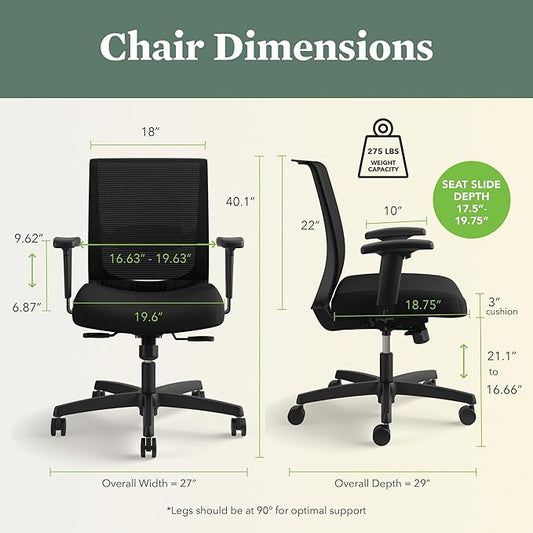 HON Convergence Ergonomic Office Chair, Breathable Back Support Mesh, Adjustable Arms, Computer Chair with Lumbar Support, Rolling Swivel Wheels, Comfortable Synchro-Tilt Recline, Fabric, Indigo
