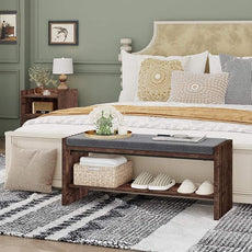 BON AUGURE Mudroom Entryway Bench with Shoe Storage, Shoe Rack Bench with Cushion, 2-Tier Wood Benches for Bedroom, Living Room, Hall (Rustic Oak, 40 in Wide)