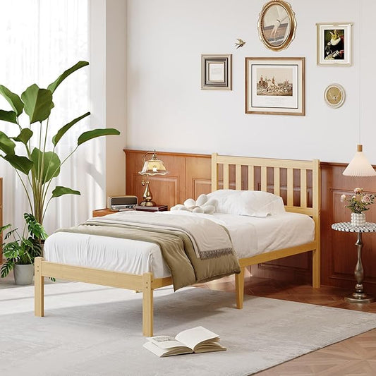14 in High Solid Bamboo Wood Twin Bed Frame with Headboard, Platform Twin Size Bed Frame, Heavy Duty, No Box Spring Needed, Nosie Free