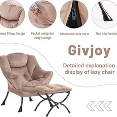 Lazy Chair and Ottoman, Large Accent Lounge Chair with Armrests and a Side Pocket, Modern Leisure Upholstered Sofa Reading Armchair with Footrest for Bedroom, Living Room, Dorm Rooms, Office