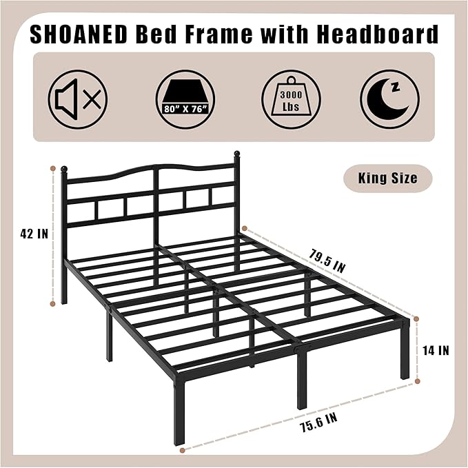 Metal Bed Frame with Headboard - 14 Inch King Size Heavy Duty Bedframe Black Basic Steel Slats Platform No Box Spring Needed/Easy Assembly/Noise Free