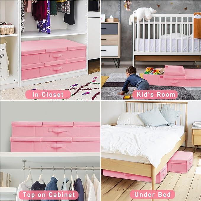 punemi Under Bed Storage With Lids, 2 Pack Pink Underbed Storage Bins Containers for Girls Daughter, Large Low Profile Stackable Drawer Organizer Box for Clothes Bedroom Couch Closet Basement
