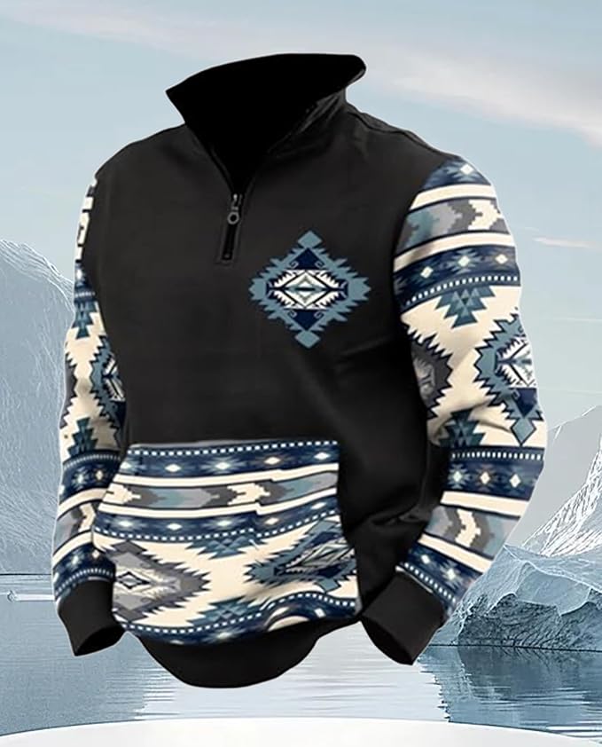 Western Sweatshirts for Men Aztec Cowboy Vintage Graphic Fleece Hoodie Mens Quarter Zip Pullover Country Jacket