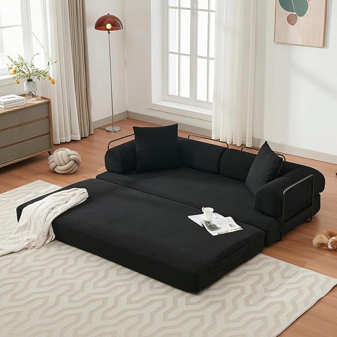 Convertible Sleeper Sofa Bed with Cylindrical Pillow, Corduroy Folding Mattress Couch with Fixed-Shape Frame, Floor Sofa Lounge Couch for Living Room Bedroom Lounge Studio-Black