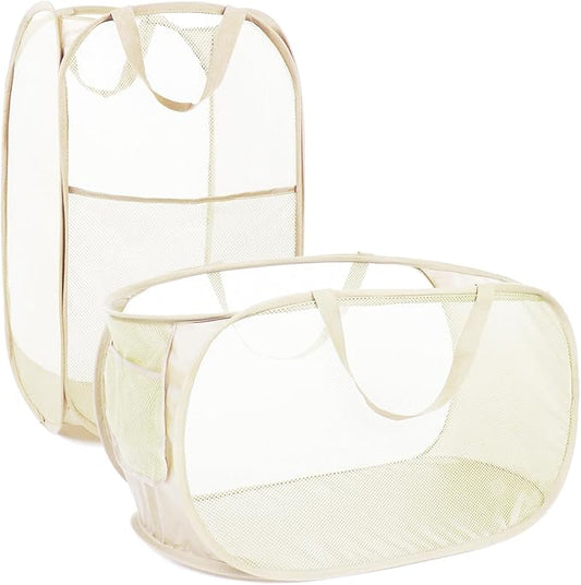 2 Pcs Durable Collapsible Laundry Baskets - Reinforced Mesh Pop Up Laundry Hamper with Pocket, Foldable Dirty Clothes Hamper with Carry Handles for Laundry, Bathroom, Kids Room, Dorm or Travel Beige