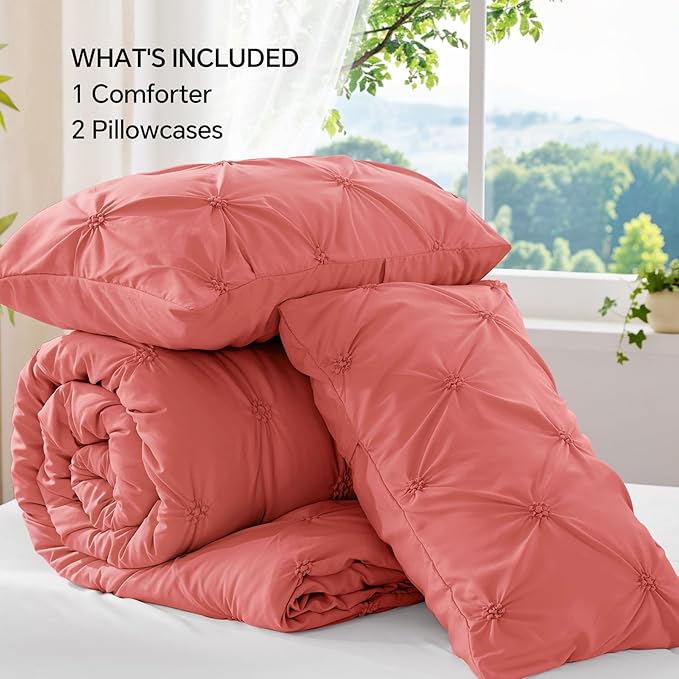 BEDELITE Coral Twin Comforter Set - 2 Peices Boho Pintuck Bedding Comforter Sets, Lightweight Soft & Warm Twin Bedding Sets with 1 Pillowcase for All Season