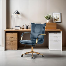 MOJAY Mid-Back Ergonomic Leather Office Chair, Modern Upholstered Executive Desk Chair with Gold Frame Armrest Computer Task Chair (DarkBlue)