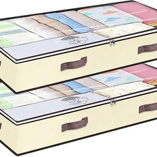 90L Under Bed Storage Containers, Underbed Toy Organizers and Clothing Storage Bags, Closet Storage Bins with Clear Window for Organizing Blanket Comforter Bedding Clothes Bedroom Dorm, 2 Pack Beige