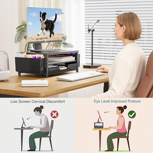 OPNICE Desk Organizer and Accessories, 2-Tier Computer Monitor Stand Riser with Drawer and 2 Pen Holders, Laptop Stand, Office Desk Accessories for Office Supplies, Black – Hot Seller