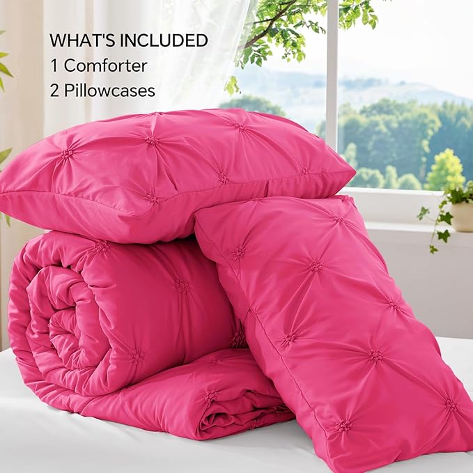 BEDELITE Hot Pink Queen Comforter Set - 3 Pieces Boho Pintuck Bedding Comforter Sets, Lightweight Soft & Warm Bed Comforter Queen with 2 Pillowcases for All Season