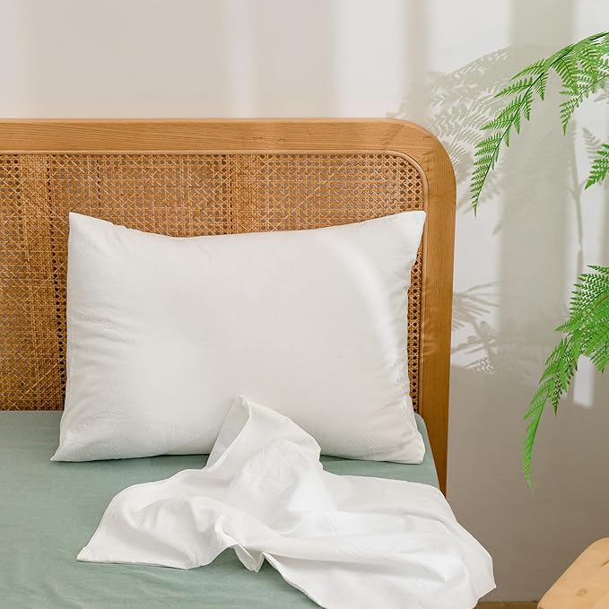 BESTOUCH 100% Washed Cotton Pillowcase for Hair and Skin Linen Feel Soft Comfortable Breathable 2 Set Pillow Case with Envelope Closure Solid Bright White Standard 20x26 Inches