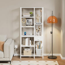 Furologee 6 Tier Bookshelf with USB Ports and Power Outlet, Book Shelf with Charging Station, Bookcase with Drawer, Storage Shelves for Bedroom,Home Office, Living Room, Bathroom, White