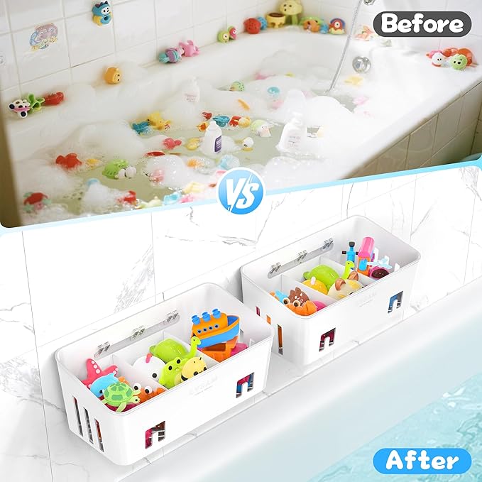 Lysam Bath Toy Storage 2 Packs, Large Bath Toy Holder with 3 Compartment, Quick Dry Bathtub Toy Organizer, Bath Tub Toy Net, Shower Toy Basket & Bin, Bathroom Accessories for Baby,Toddler,Kids（White）