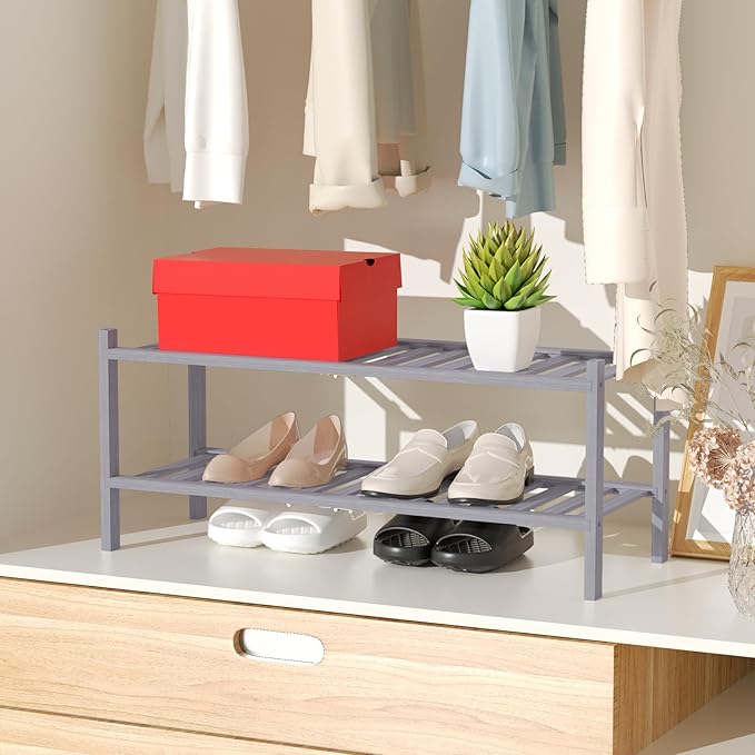 RONGJlA 2 Tier Bamboo Shoe Rack for Closet Free Standing Wood Shoe Shelf Storage Organizer for Entryway Small Space Stackable, Grey