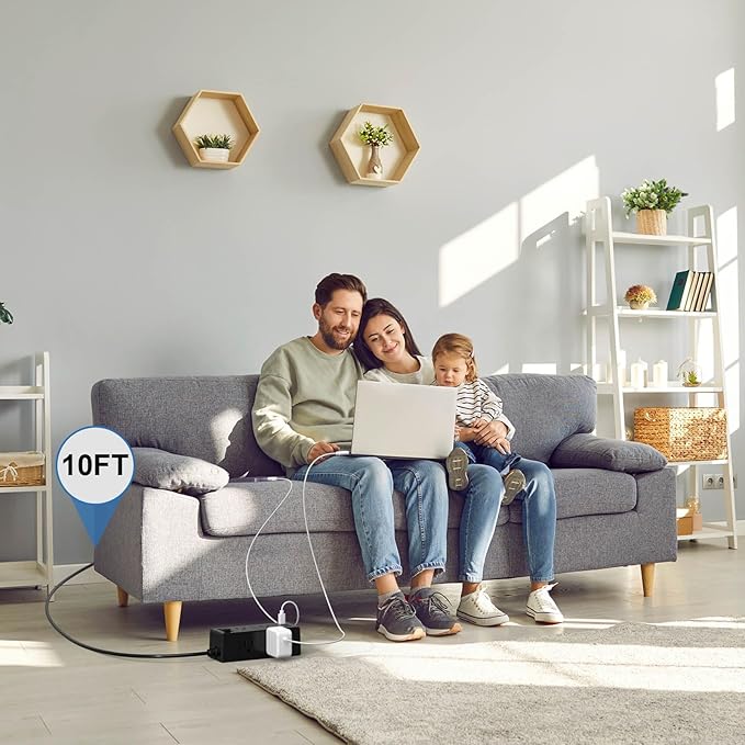 10Ft Extension Cord Flat Plug Power Strip - Tcstei 3-Side Outlet Extender with 6 AC Outlets and 3 USB Ports (1 USB C), Compact for Home, Office, Dorm Room Essentials, Black