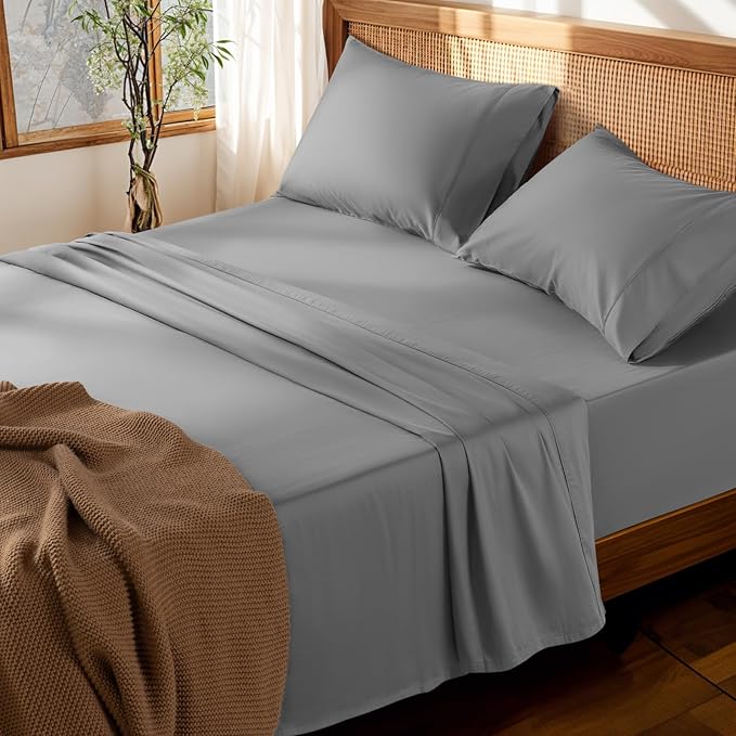 LBRO2M 100% Cotton Sheets Set Deep Pocket 19", 1000 Thread Count King Size 4 Piece Bed Sheet Sets Soft Comfortable Bedding All Season (King, Gray) LBRO2MBedding