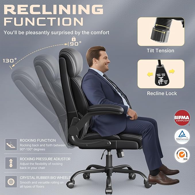 Office Chair, Ergonomic Big and Tall Executive Desk Chair, Breathable Leather Chair with Adjustable Flip-up Armrests, Lumbar Support Swivel Computer Chair with Rocking Function(Black)