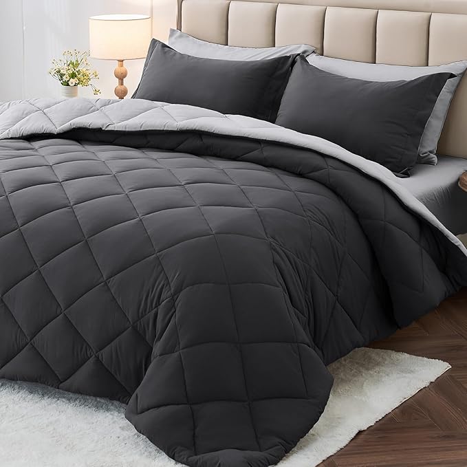 MUXHOMO 7 Pieces King Comforter Set, Reversible Bed in a Bag King Size, All Season Bedding Set with Comforter, Flat Sheet, Fitted Sheet, Pillowcases & Shams, Dark Grey & Light Grey