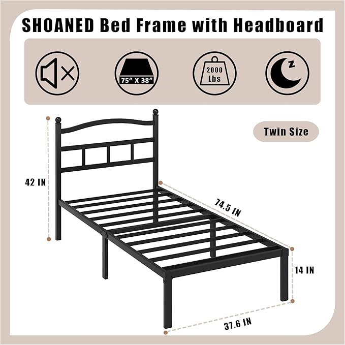14 Inch Metal Bed Frame - Twin Size Heavy Duty Bedframe with Headboard Black Basic Steel Slats Platform No Box Spring Needed/Easy Assembly/Noise Free