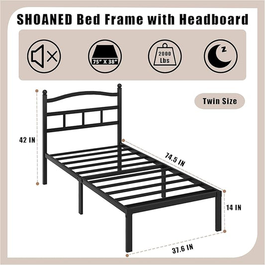 14 Inch Metal Bed Frame - Twin Size Heavy Duty Bedframe with Headboard Black Basic Steel Slats Platform No Box Spring Needed/Easy Assembly/Noise Free