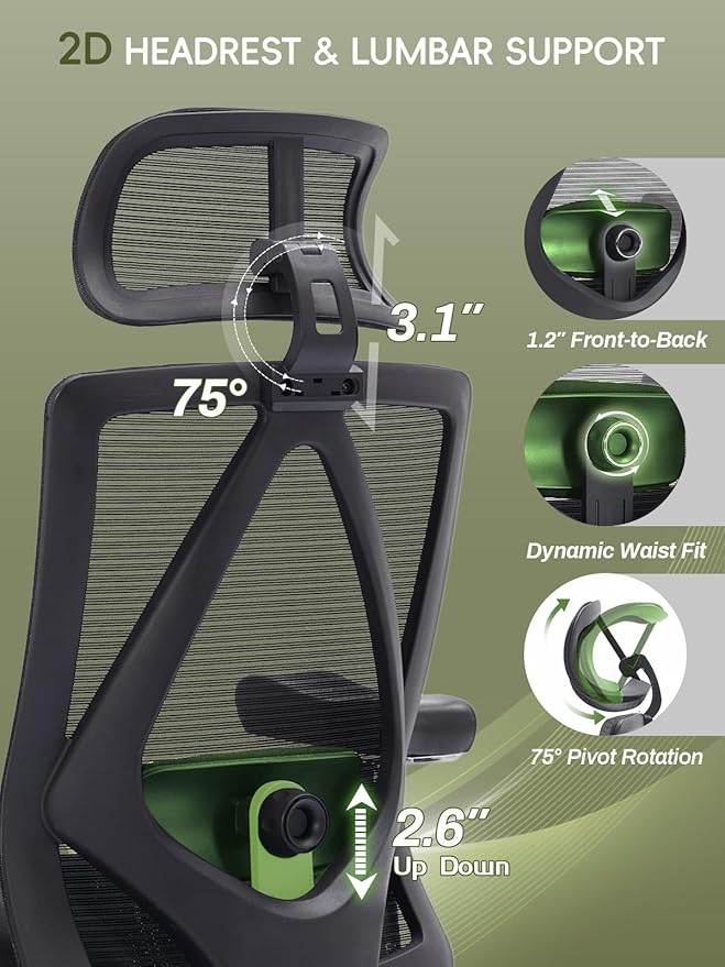 Office Chair 500lbs, Ergonomic Desk Chair with W Thick Cushion & 4D Armrest, Executive Mesh Desk Chair with Adjustable Lumbar, 2D Headrest, Footrest, Swivel Task Chairs for Home Office Gaming, Black