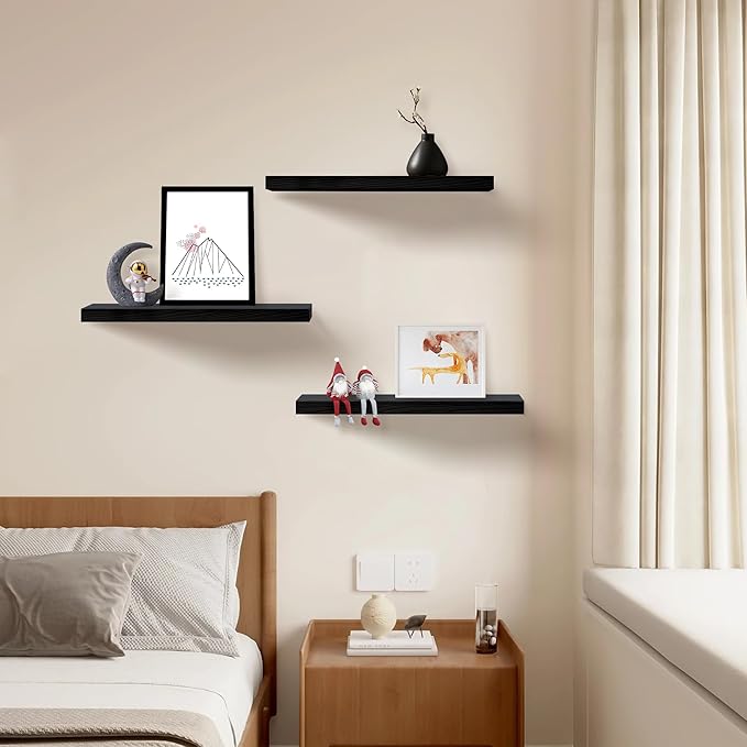 Floating Shelves for Wall Set of 3, 36" Black Wall Shelves for Home Decor, Frame Display Black Floating Shelf for Living Room, Bedroom, Bathroom, Kitchen
