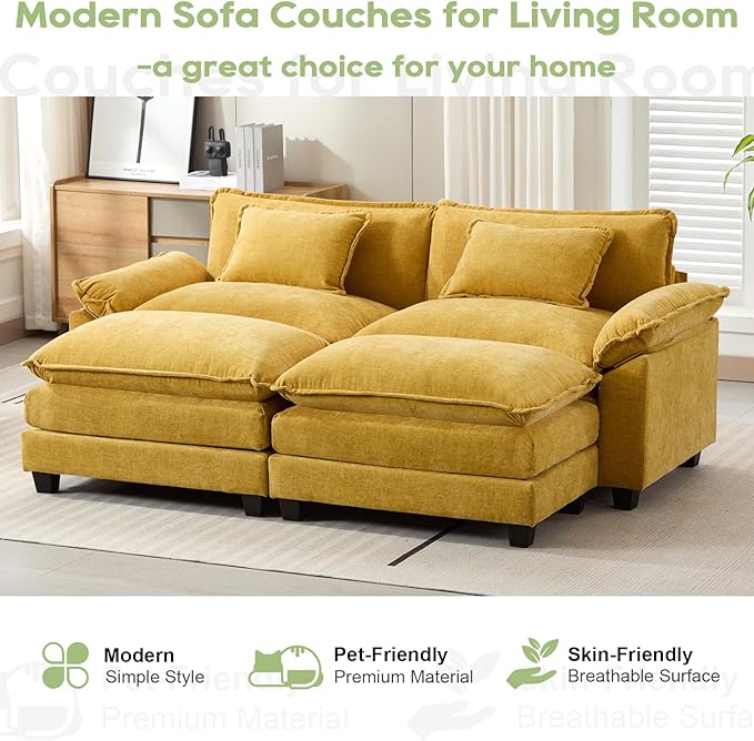 86" Modular Sectional Sofa, Comfy Cloud Couch Sectional Sofa with Ottoman, Chenille Sofa Sleeper Deep Seat Sofa with Throw Pillows for Living Room (Yellow)
