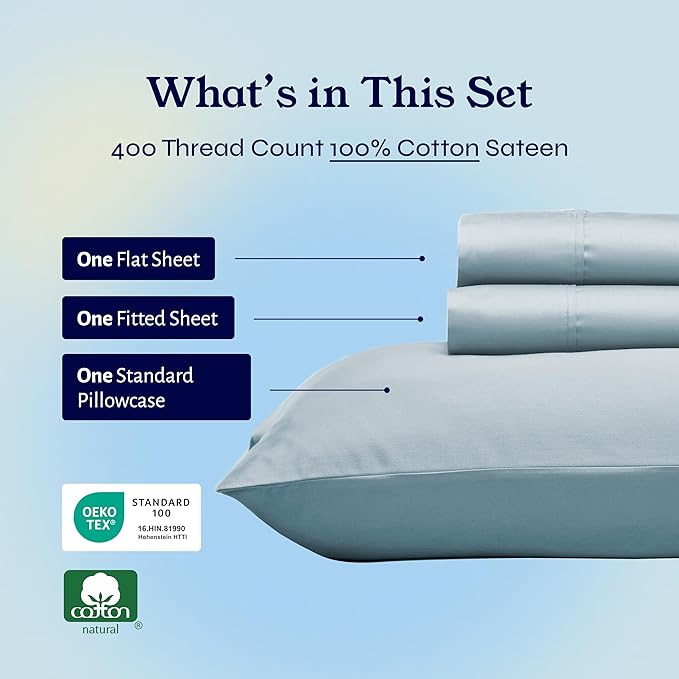 California Design Den Soft Twin Sheets Set - 400 Thread Count Sateen, Natural 100% Cotton Sheets, Deep Pockets, and Durable Bedding Set for Dorm Rooms & Adults - Sky Blue