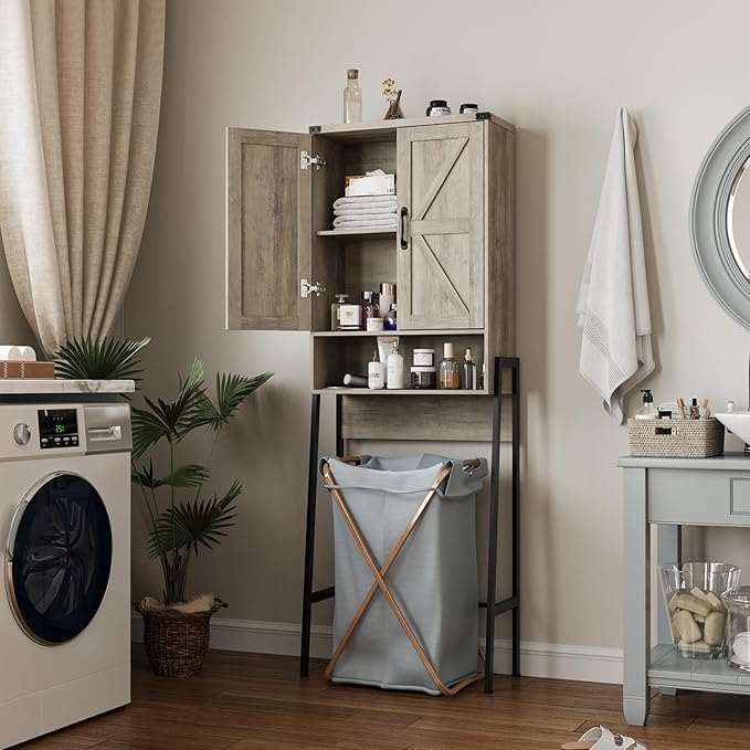 Vabches Over The Toilet Storage Cabinet with 2-Door Design Bathroom Organizers and Storage with Anti-Tip Device Over Toilet Organizer with Shelves for Bathroom,Restroom,Laundry Grey