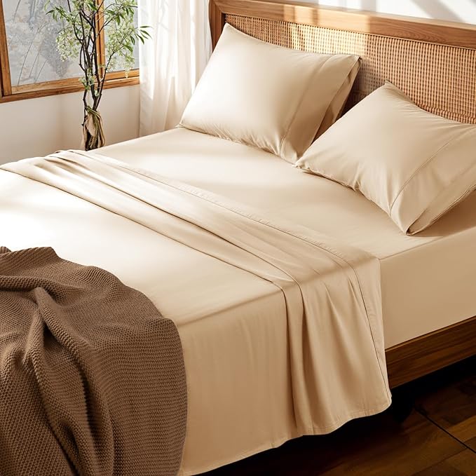 LBRO2M 100% Cotton Sheets Set Deep Pocket 19", 1000 Thread Count Queen Size 4 Piece Bed Sheet Sets Soft Comfortable Bedding All Season (Queen, Cream)